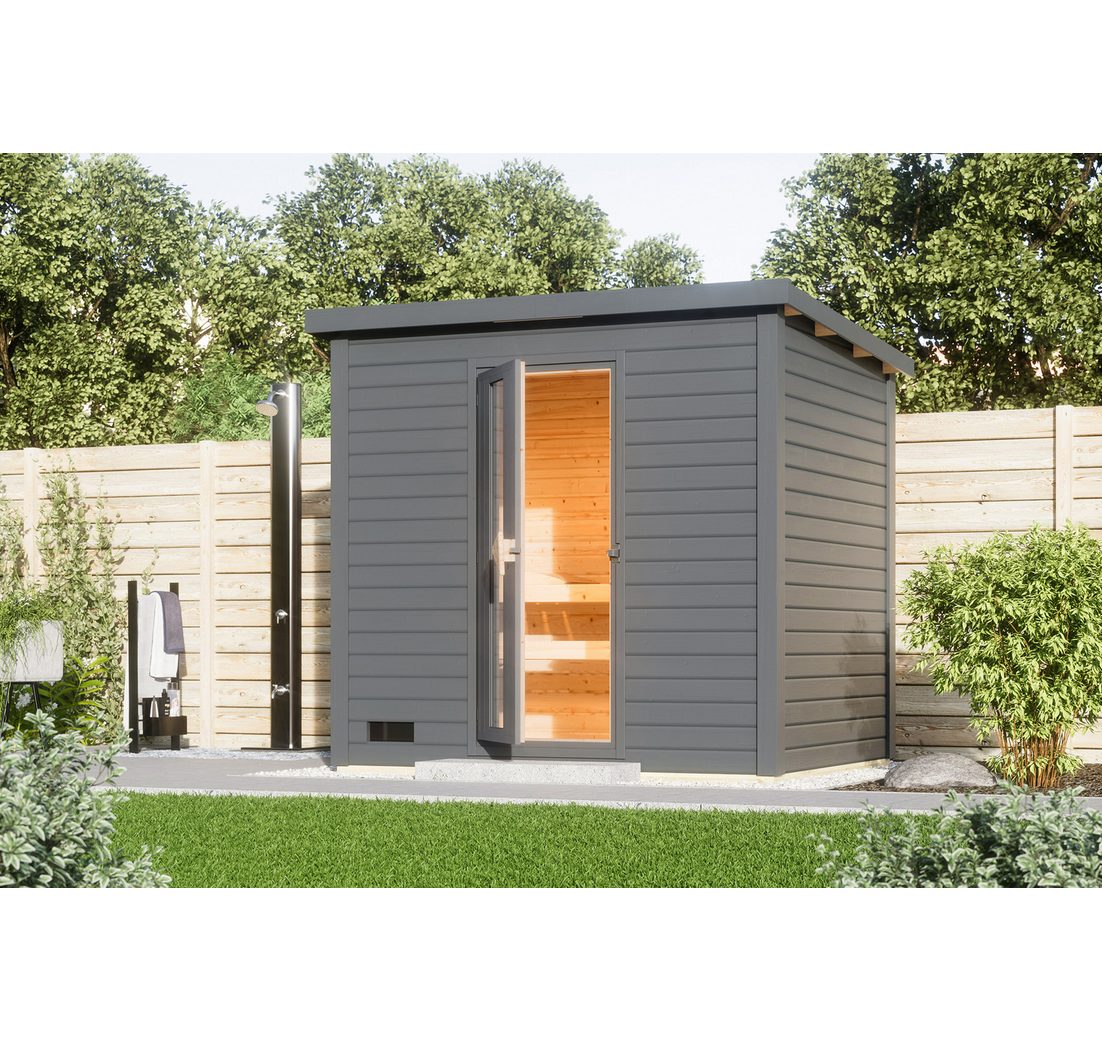 Karibu Saunahaus Saunahaus 38mm Melo 3 Ofen 9 kW integr. Strg terragrau