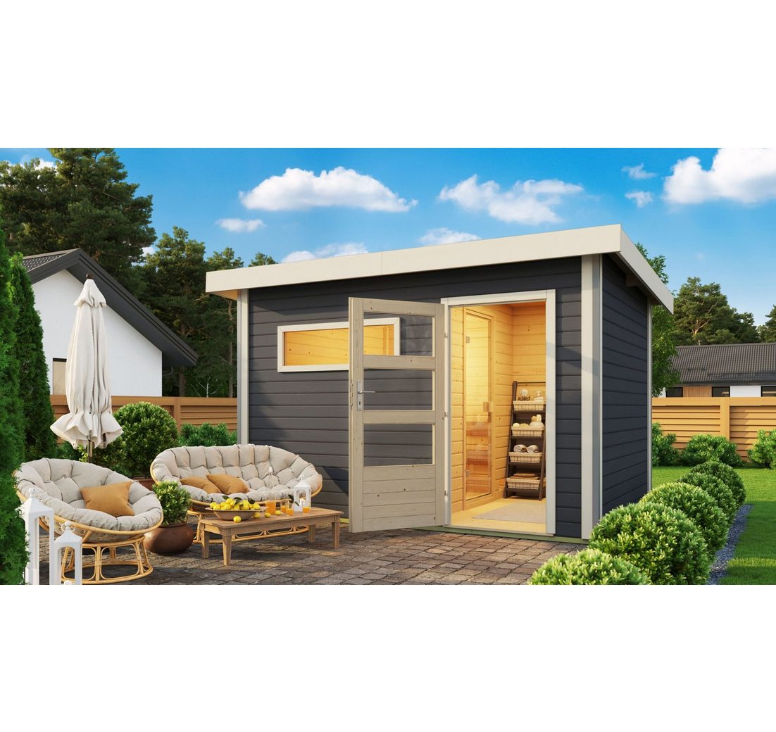 Karibu Saunahaus Saunahaus Helmi terragrau mit finnischem 9kW Ofen
