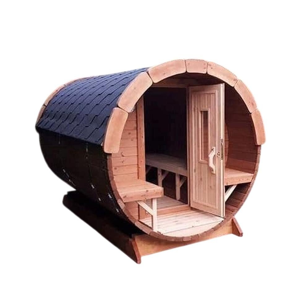 JVmoebel Saunahaus Fasshütte Wellnessfass Holzsauna Gartensauna Edelstahl Braun