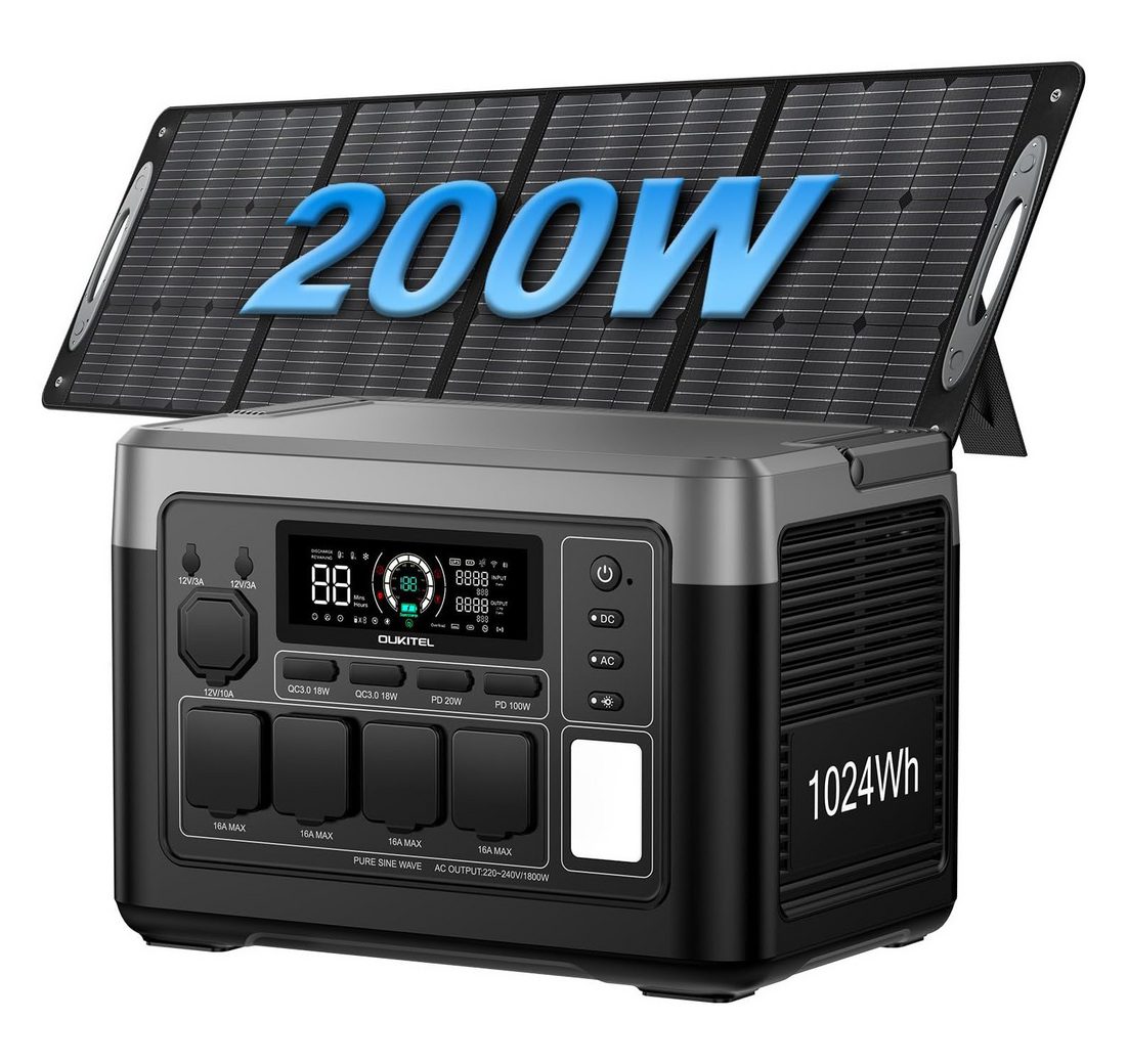 OUKITEL Stromerzeuger P1000E Plus 1800W/1024Wh Tragbare Powerstation